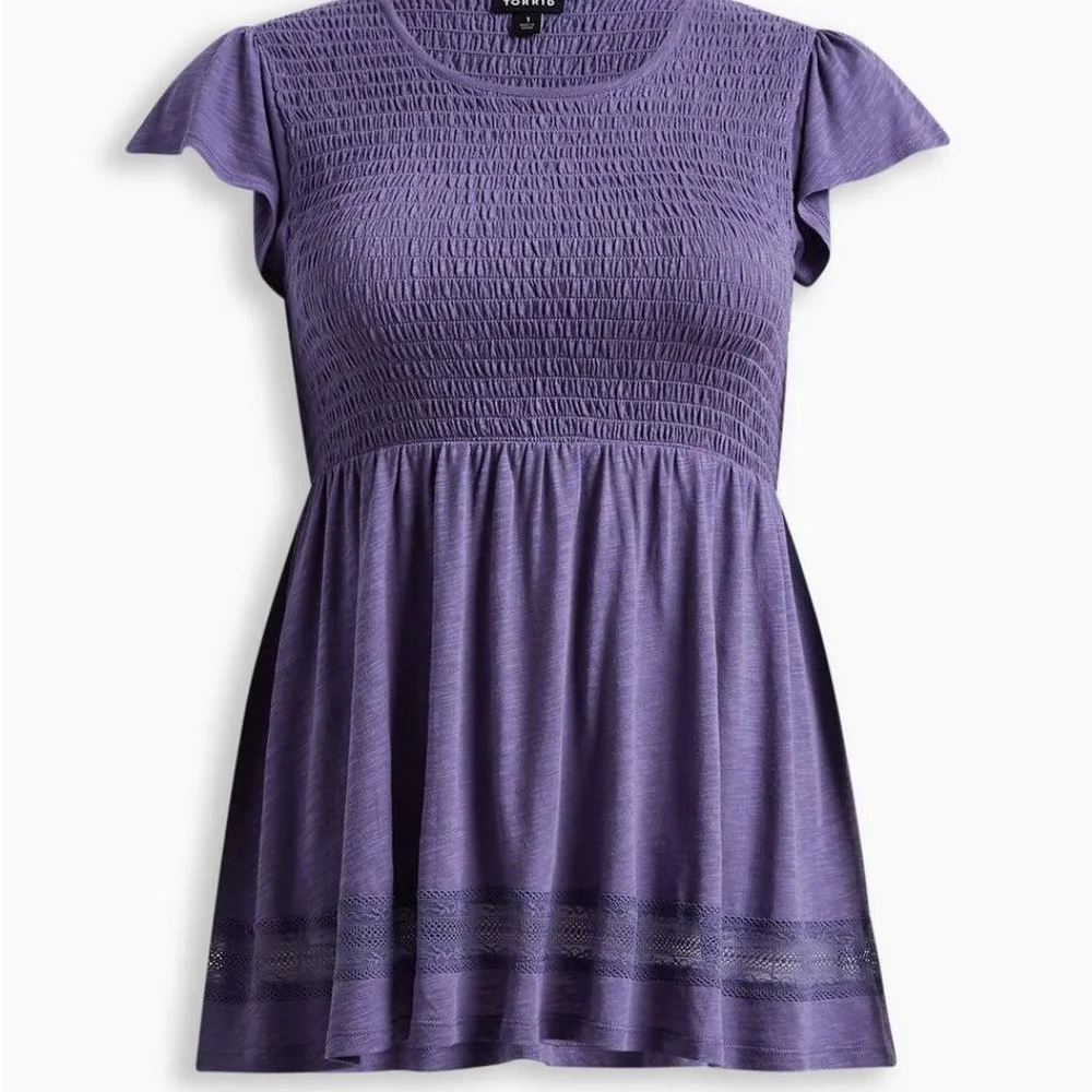 Torrid - Size 2 - Babydoll Crew Neck Smocked Bodice Lace Inset Top - Picture 1 of 4